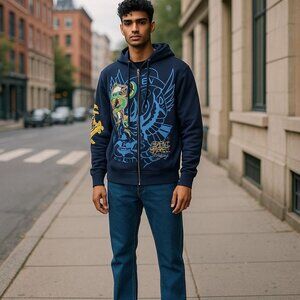 Ed Hardy Men's Panther Bulldog‎ Midnight Blue Hoodie Sizes L & XL